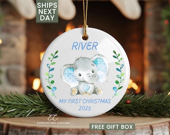 Adorno navideño personalizado para bebé recién nacido, diseño de elefante, safari, con flores de acuarela.