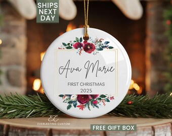 Adorno navideño personalizado para niña: recuerdo de cerámica con acuarela floral