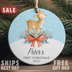 Babys First Christmas Ornament, Personalized First Christmas Deer Ornament, Woodland Ornament, Custom Baby Name Ornament, Baby Deer Ornament