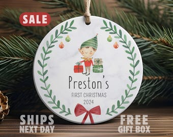 Adorno navideño para el primer bebé, adorno navideño personalizado con el primer elfo navideño, adorno navideño personalizado con el nombre del bebé, adorno navideño con elfo para bebé niño