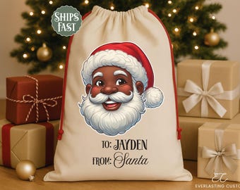 Bolsa de Papá Noel negra personalizada, bolsa de regalo de Papá Noel negra personalizada, bolsa de regalo de Papá Noel afroamericana, bolsa de Papá Noel reutilizable, regalos personalizados de Papá Noel.
