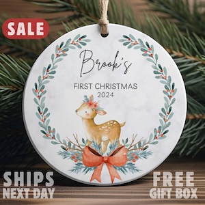 Babys First Christmas Ornament, Personalized First Christmas Deer Ornament, Woodland Ornament, Custom Baby Name Ornament, Baby Deer Ornament