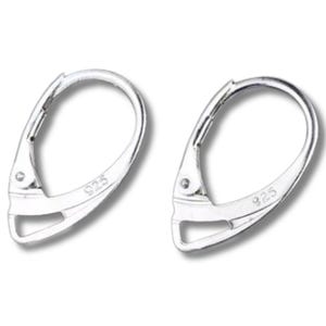May include: Two silver leverback earring findings. Each has a curved, oval loop and a hinged lever closure. The markings "925" are visible, indicating the metal's purity. These findings are designed for earrings.