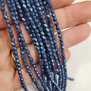 3mm Metallic Suede - Blue Faceted Round Beads, Fire polish Czech Glass, Sold 50 Piece Strand