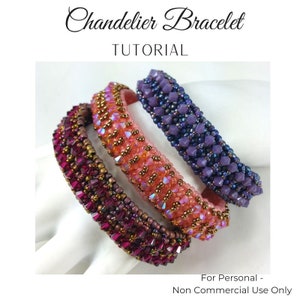 May include: Three beaded bracelets in shades of purple, pink, and burgundy. The bracelets are made with small, faceted beads and have a chandelier-like design. The bracelets are stacked on a white surface.  "Chandelier Bracelet TUTORIAL" is written in black text at the top of the image.  "For Personal - Non Commercial Use Only" is written in black text at the bottom of the image.