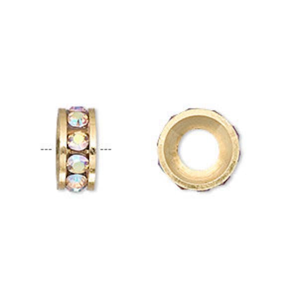 12mm Crystal AB Rondelle Bead, Dione®, Czech crystal and gold-finished brass, crystal AB, 12x5mm rondelle with 6mm hole. Sold per pkg of 2.