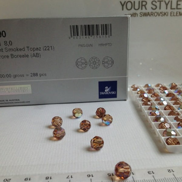 8mm Light Smokey Topaz AB faceted Round Bead, (5000) Swarovski crystal, Crystal Passions®, Light Smokey Topaz AB Pack of 6