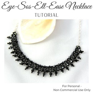 May include: A black beaded necklace with a silver chain. The necklace is made of small, faceted beads that are arranged in a geometric pattern. The necklace is displayed on a white background. "Eye-Sos-Ell-Ease Necklace TUTORIAL For Personal - Non Commercial Use Only"