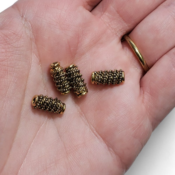 13mm Gold-Plated Cylinder Bead, antiqued gold-plated pewter (tin-based alloy) Spacer Bead, 13x6mm spiral cylinder - Package of 8