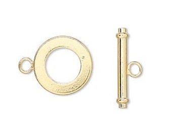 15mm Gold Plated Round Clasp, toggle, gold-finished brass, 15mm round. Sold per pkg of 1