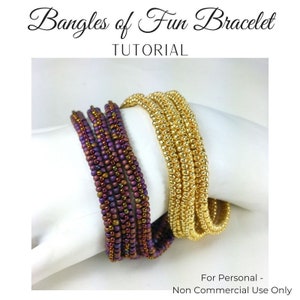 May include: Two beaded bracelets, one gold and one purple, are stacked on a white surface. The bracelets are made of small, round beads and are both about 7 inches in diameter. The image is titled "Bangles of Fun Bracelet TUTORIAL". For Personal - Non Commercial Use Only.