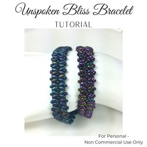 May include: Two beaded bracelets in shades of blue and purple. The bracelets are made of small, iridescent beads arranged in a repeating pattern. The text "Unspoken Bliss Bracelet Tutorial" is at the top of the image.