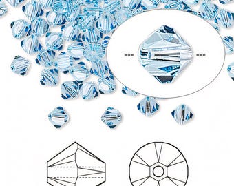 Perlina bicono 5301 5328 Acquamarina da 4 mm, cristallo Swarovski, Crystal Passions®, bicono Acquamarina da 4 mm - 48 pezzi per confezione