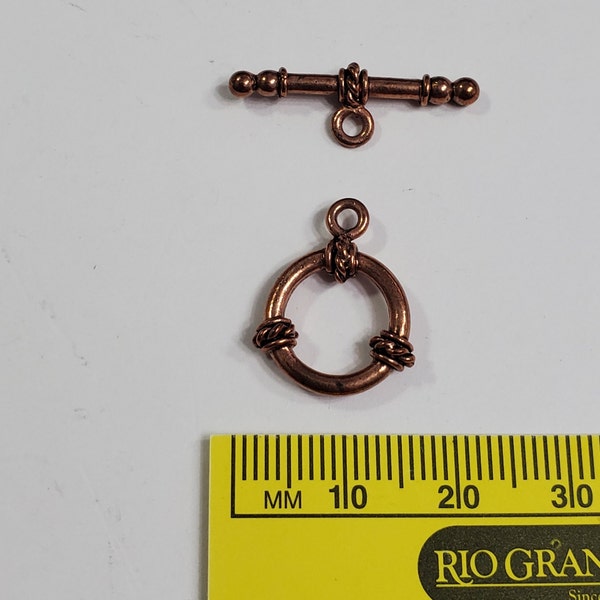 12mm Clasp, toggle, antique copper-plated "pewter" (zinc-based alloy), 12mm round with rope decoration. Sold per pkg of 1