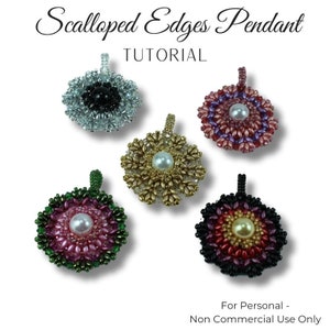 May include: Five beaded pendants with scalloped edges. The pendants are in different colors, including silver, gold, pink, and black. Each pendant features a pearl in the center.