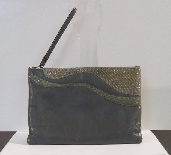 Vintage 80s Purse Grey Leather Snakeskin Accent R… - image 2