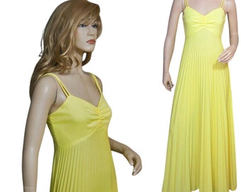 Vintage 70s Dress Yellow Accordion Pleat Skirt Maxi Prom Party Dress M