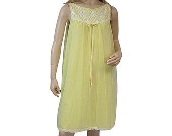 Vintage 1950's Yellow Chiffon Overlay Empire Waist Long Nightgown 34 M