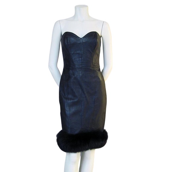 Vintage Dress 80s Strapless North Beach Black Lea… - image 1