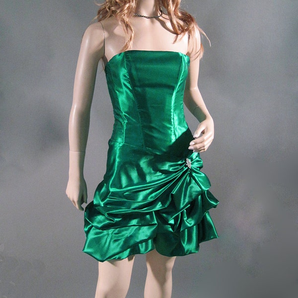 Vintage Dress 80s Strapless Gunne Sax Emerald Green Satin Rhinestone Accent XS XXS