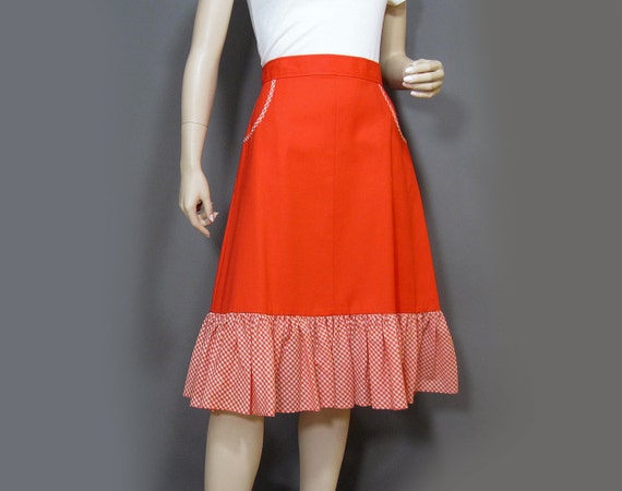 Vintage Skirt 70s Orange Canvas Gingham Ruffle Tr… - image 2