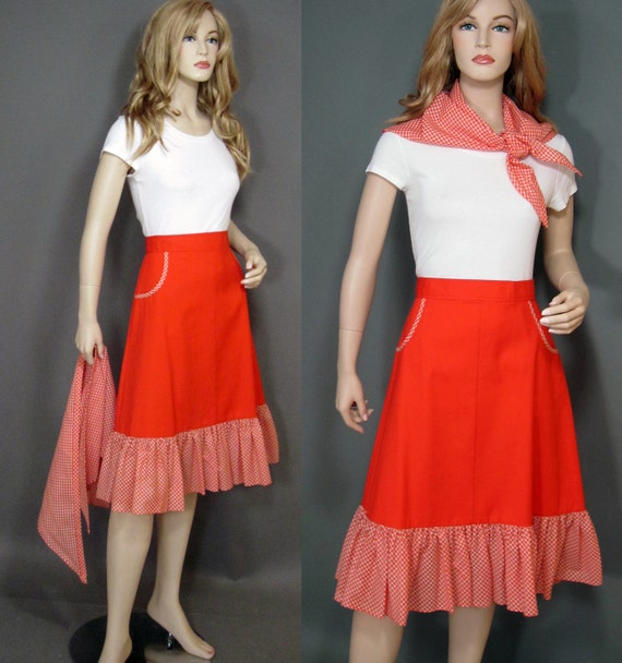 Vintage Skirt 70s Orange Canvas Gingham Ruffle Tr… - image 6