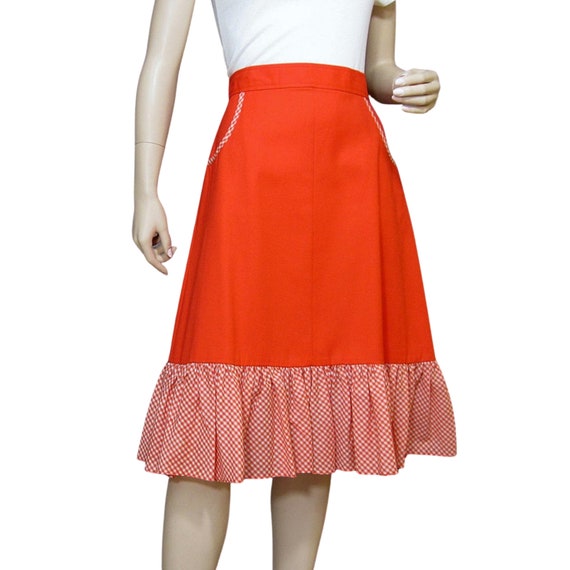 Vintage Skirt 70s Orange Canvas Gingham Ruffle Tr… - image 1