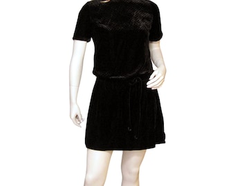 Vintage Dress 60s Mod Black Velvet Embossed Tie Waist Mini S XS