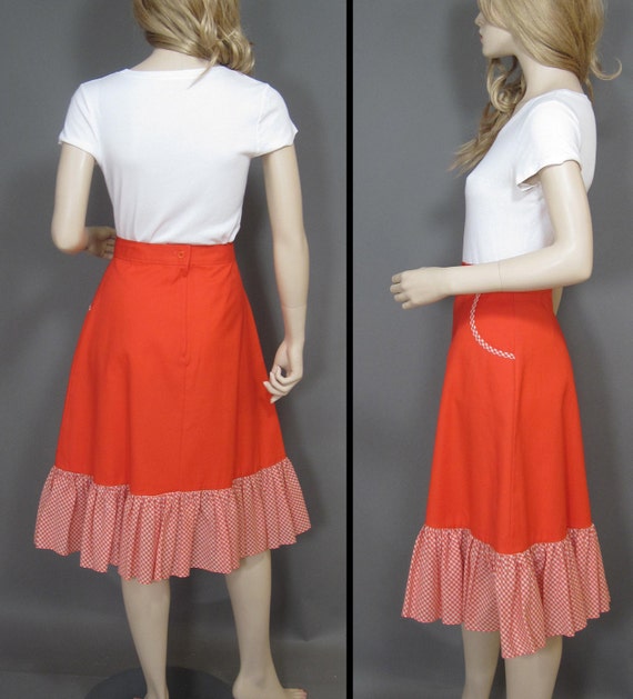Vintage Skirt 70s Orange Canvas Gingham Ruffle Tr… - image 3