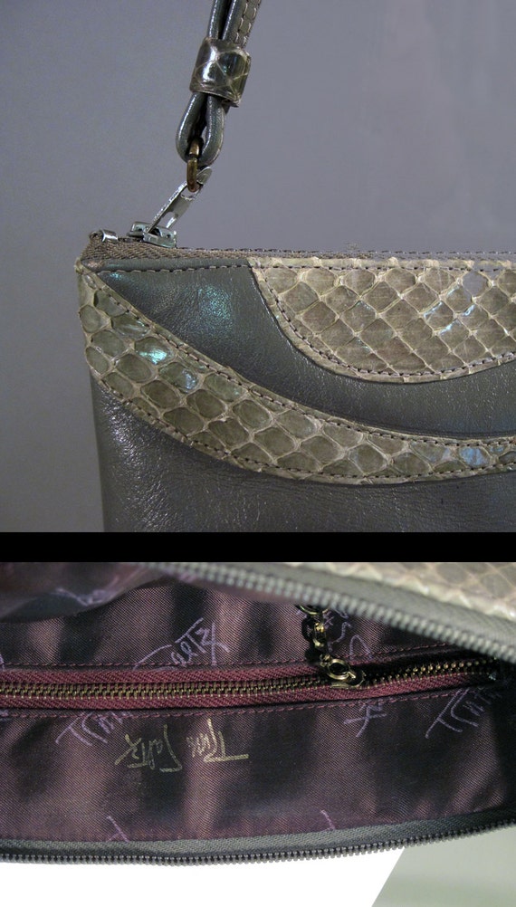 Vintage 80s Purse Grey Leather Snakeskin Accent R… - image 5