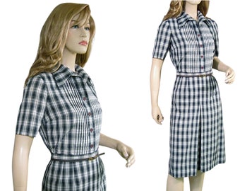 Vintage 60s Blouse Skirt Suit Dress Preppy Blue Green Tartan Plaid Secretary S M