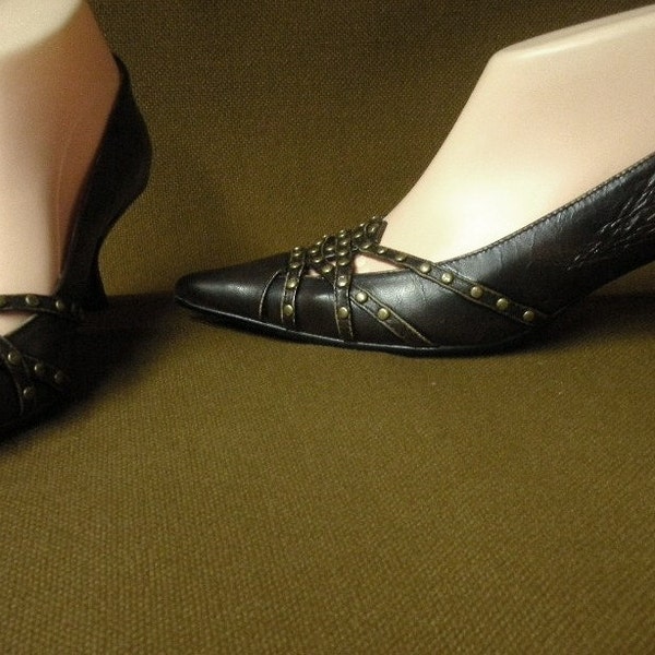 Clearance - CARLOS FALCHI designer brown leather shoes with brass rivets womens size 6 B kitten heel high heel shoes
