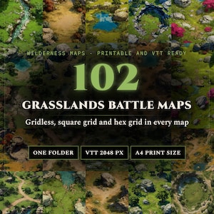 May include: A collection of 102 grasslands battle maps featuring various wilderness terrains, including streams, ponds, and rocky areas. The text reads: 102 GRASSLANDS BATTLE MAPS, WILDERNESS MAPS, PRINTABLE AND VTT READY, ONE FOLDER, VTT 2048 PX, A4 PRINT SIZE.