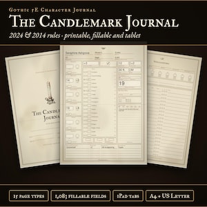 May include: A Gothic 5E Character Journal titled The Candlemark Journal featuring 2024 and 2014 rules. The image displays three off-white pages with black text, including a character sheet, a spellcasting page, and a cover page with a candle icon.