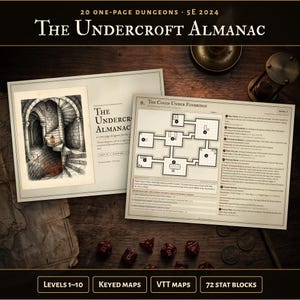 May include: The Undercroft Almanac 5E 2024 is a collection of 20 one-page dungeons. The image displays a printed page titled The Coven Under Fenbridge, featuring a grid-based map, numbered room descriptions, and several polyhedral dice.