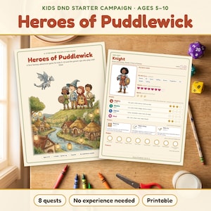 May include: A Kids DND Starter Campaign titled Heroes of Puddlewick, featuring a storybook roleplaying game rulebook and a Knight hero sheet. The set includes a purple twenty-sided die, a yellow six-sided die, colored crayons, and scissors.