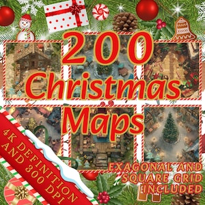 May include: A festive image with the text "200 Christmas Maps" in red and gold. The image includes various Christmas-themed illustrations, such as a gingerbread house, a snowman, and a gift box. The text "4K Definition and 300 DPI" is also visible.