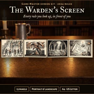 May include: A Game Master screen kit titled The Warden's Screen 2024 Rules, featuring four rectangular panels with black and white fantasy illustrations of adventurers, a dragon, a treasure vault, and a map. Includes 13 panels, portrait and landscape orientation, and A4 or US Letter size options.