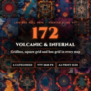 DnD Battle Maps Bundle 172 Volcanic and Infernal Battlemaps, Roll20 Foundry VTT Printable A4 Map Pack, Lava Hell 5e Digital Download