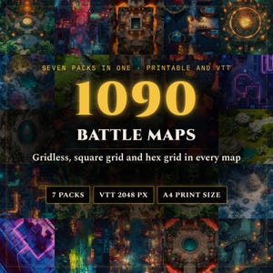 Könnte beinhalten: Eine digitale Sammlung von 1090 Schlachtkarten, bestehend aus sieben Paketen in einem, druckbar und VTT-kompatibel. Der Text lautet 1090 BATTLE MAPS, SEVEN PACKS IN ONE, PRINTABLE AND VTT, Gridless, square grid and hex grid in every map, 7 PACKS, VTT 2048 PX, A4 PRINT SIZE.