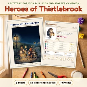 Pode incluir: Uma campanha inicial de Dungeons and Dragons imprimível intitulada Heroes of Thistlebrook para crianças de 5 a 10 anos. O conjunto inclui uma folha de jogo de mistério com uma ilustração de animais da floresta e uma ficha de personagem.