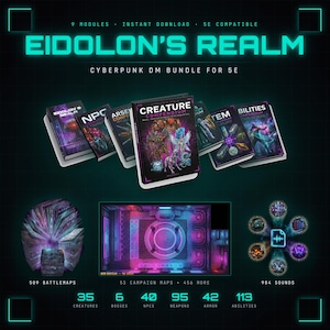 Cyberpunk DnD 5e Dungeon Master Bundle, 509 Roll20 and Foundry VTT Battle Maps, 456 Printable A4, 35 Monsters, 40 NPCs, 983 Sound Effects