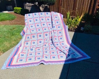 Vintage Log Cabin Homemade Quilt CottageCore Shabby Chic Farmhouse