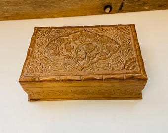 Handmade Carved Wood Rosewood Jewelry Box with Secret Lock Boho Artisan
