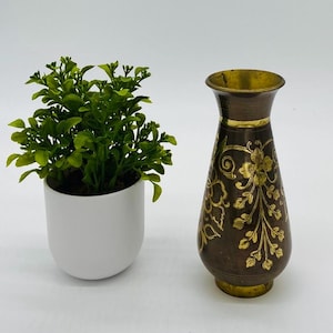 Vintage Brass Etched Floral Design Vase Mid Century Modern Boho Eclectic
