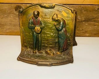 Vintage “The Angelus” Bronze Tinted Bookends Art Deco Mid Century Old World