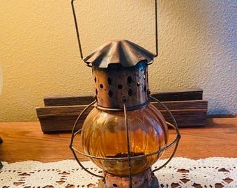 Vintage Amber Glass Hanging Ship Oil Lamp Primitive Farmhouse Maritime CottageCore