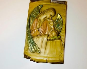 Vintage Guardian Angel over Sleeping Child Plaque Religious Traditional Cottage Shabby Chic