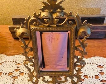 Vintage Gold Finish Cast Iron Easel Table-Top Mirror French Country Hollywood Regency Victorian CottageCore