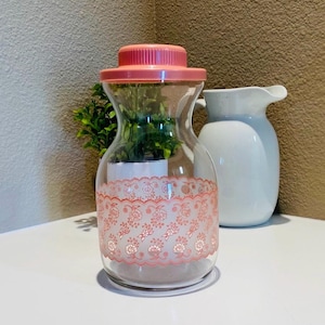 Vintage Peachy Pink and White Lace Carafe / Floral Glass Vase with Lid Pitcher / Shabby Chic Rustic Traditional Farmhouse Boho Decor